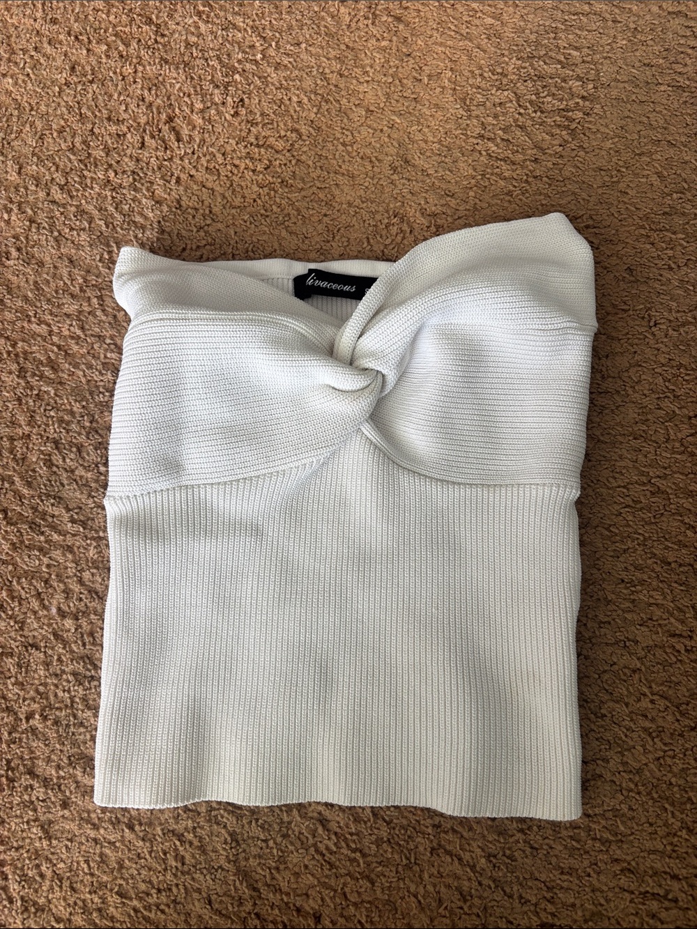 Stitch and Feather Off-Shoulder Twist-Front Sweater Top in Cream